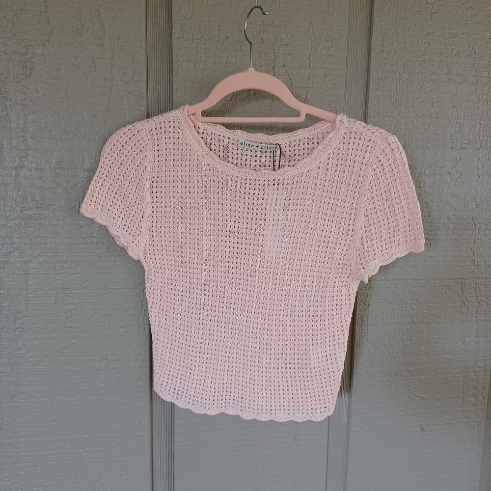 Alice And Olivia Maryam Pullover Size XS Women Preppy Linen Blend In Pink Lace - Picture 3 of 9
